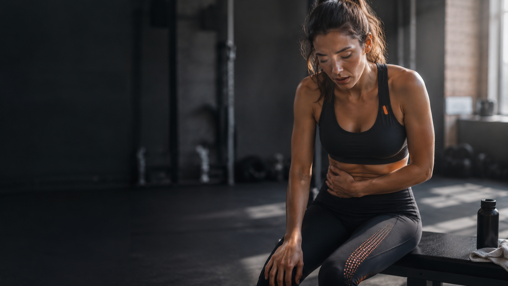 Atleta donna in pausa dopo l'allenamento, con consapevolezza del proprio corpo