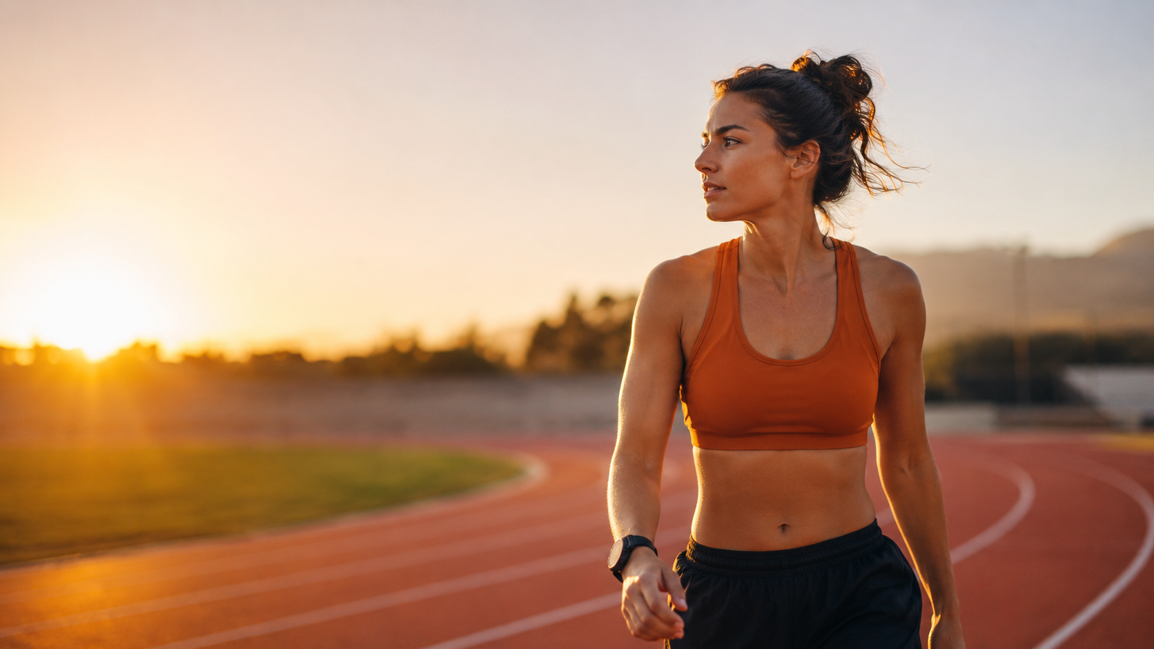 Atleta donna in allenamento sulla pista al tramonto